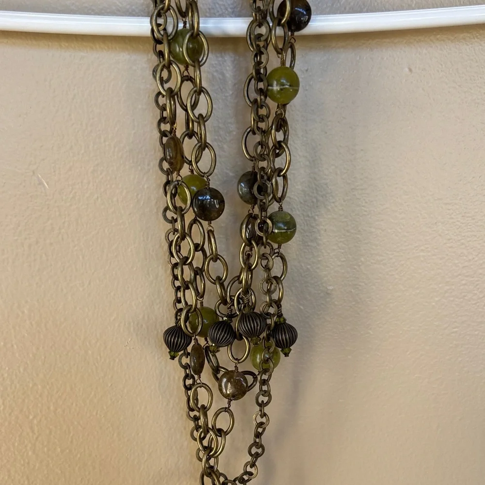 Long Layered Green Bead and Chain Necklace